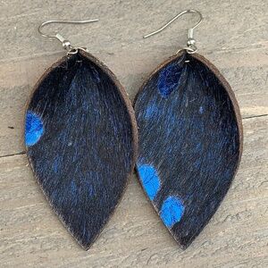 Blue Acid Wash Hair On Leather Earrings